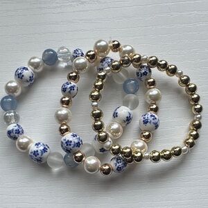 Hand Beaded Artisan Crystal Bracelet Stack Blue Gold and White